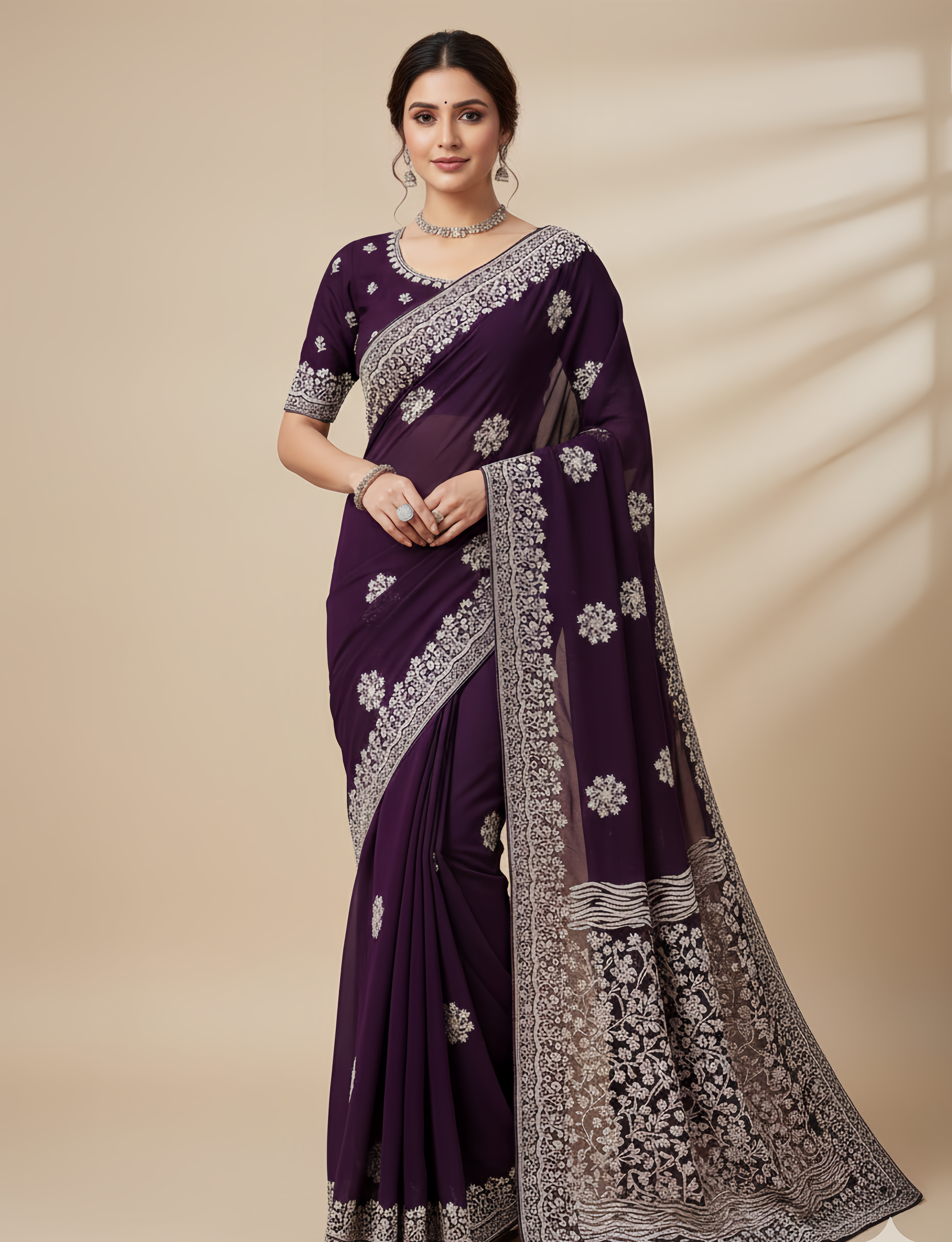 Maroon Georgette Embroidered Saree – Elegant Party Wear Collection