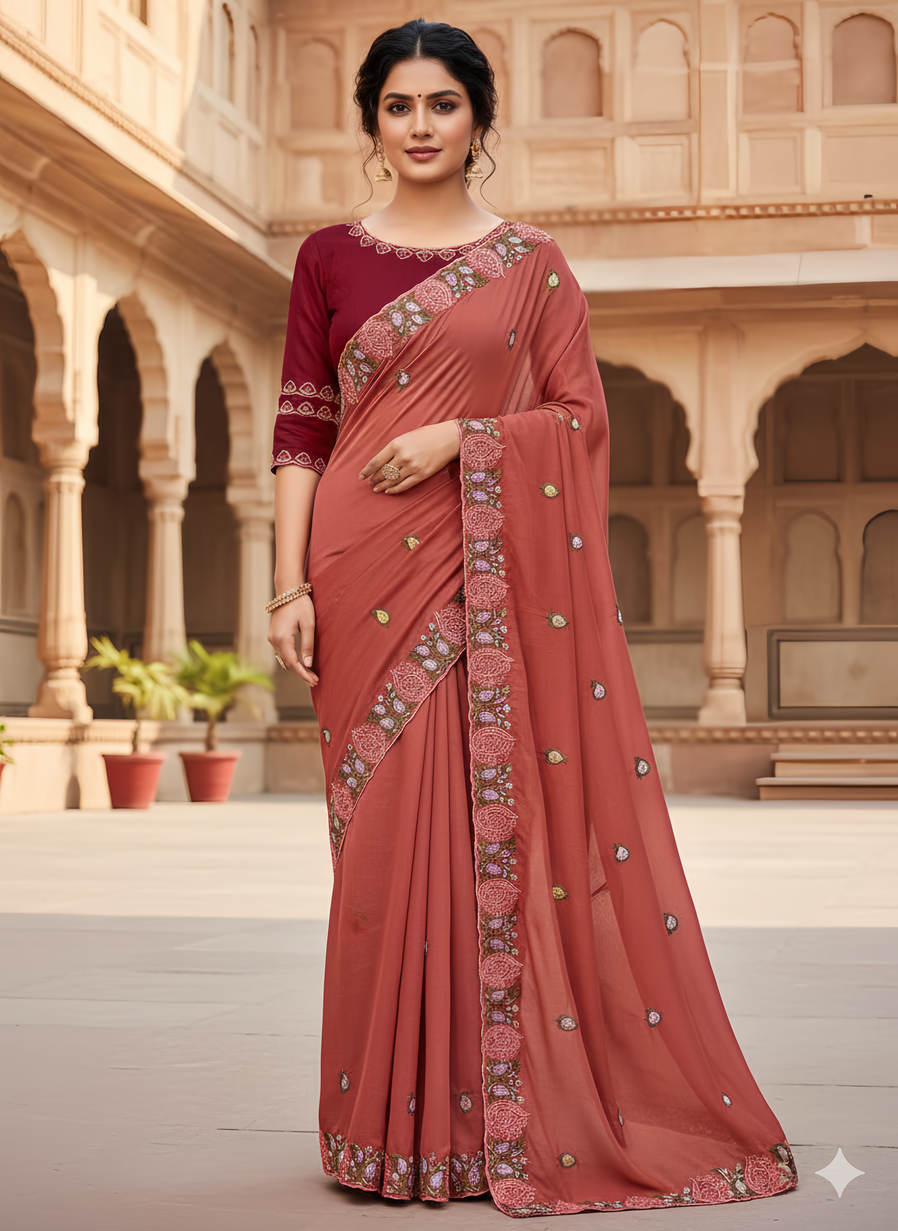 Elegant Embroidered Silk Saree with Contrast Blouse