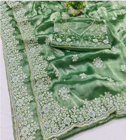 BS-SHAKTI Premium Jimmy Chu Saree with Embroidery & Jarkan Work | Sareer Riwaaz