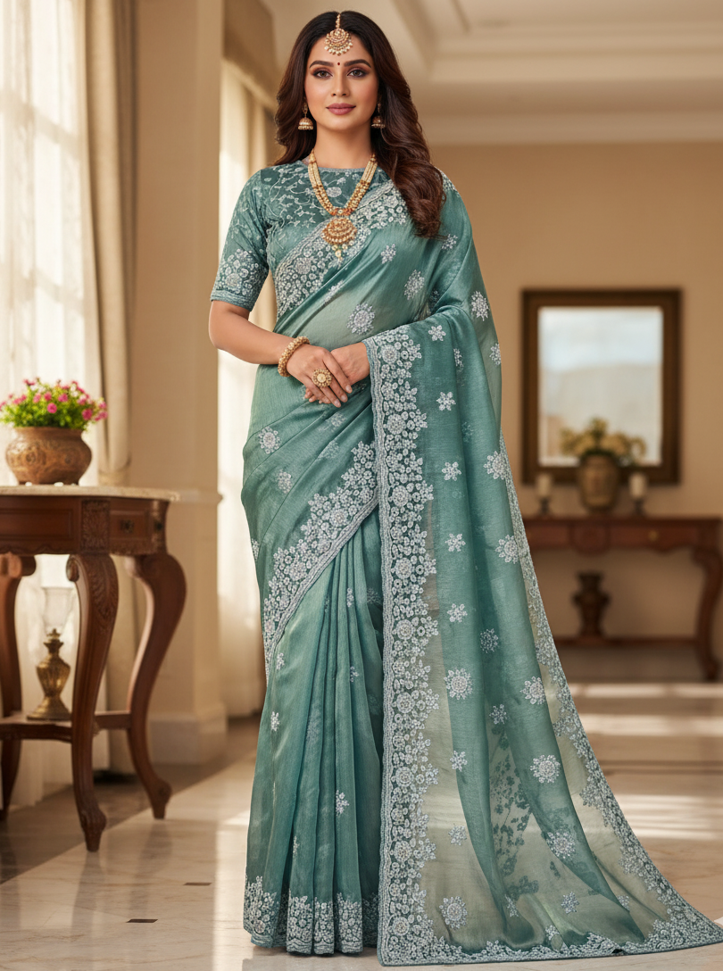 BS-SHAKTI Premium Jimmy Chu Saree with Embroidery & Jarkan Work