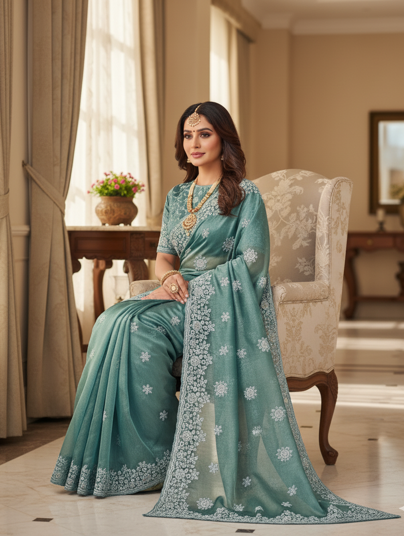 BS-SHAKTI Premium Jimmy Chu Saree with Embroidery & Jarkan Work