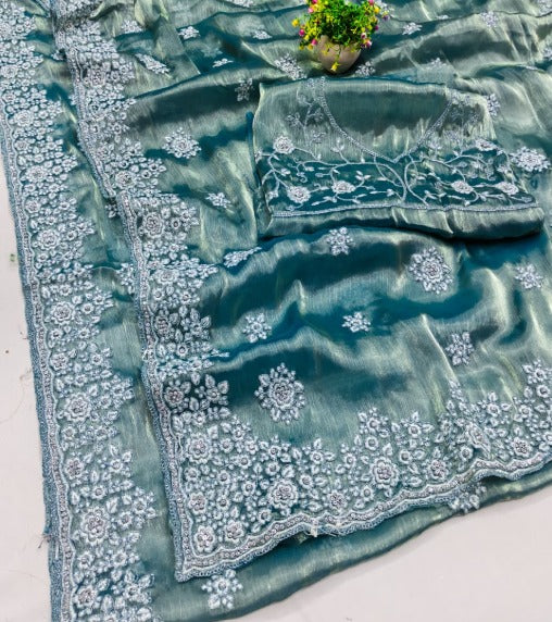 BS-SHAKTI Premium Jimmy Chu Saree with Embroidery & Jarkan Work