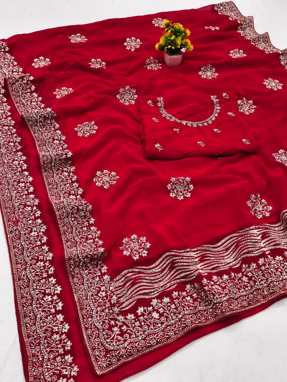 Maroon Georgette Embroidered Saree – Elegant Party Wear Collection