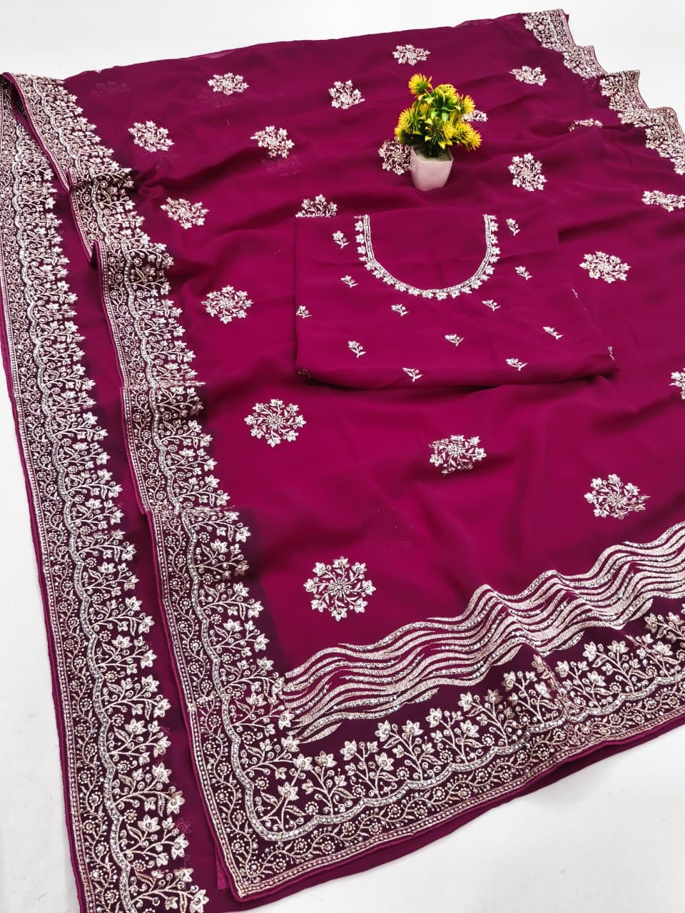 Maroon Georgette Embroidered Saree – Elegant Party Wear Collection