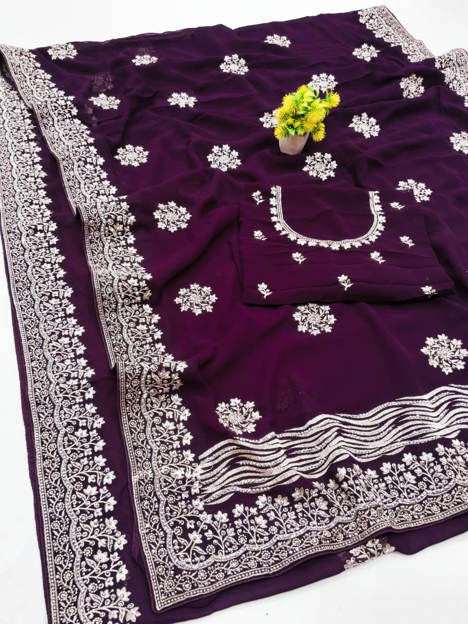 Maroon Georgette Embroidered Saree – Elegant Party Wear Collection