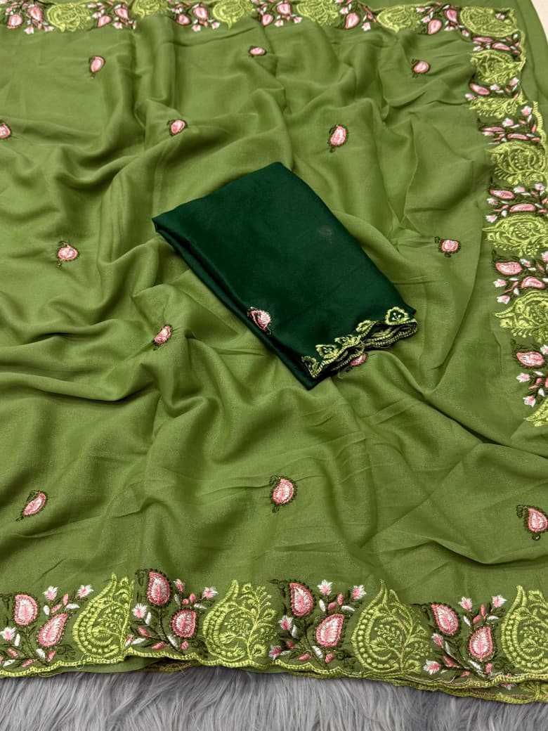 Elegant Embroidered Silk Saree with Contrast Blouse