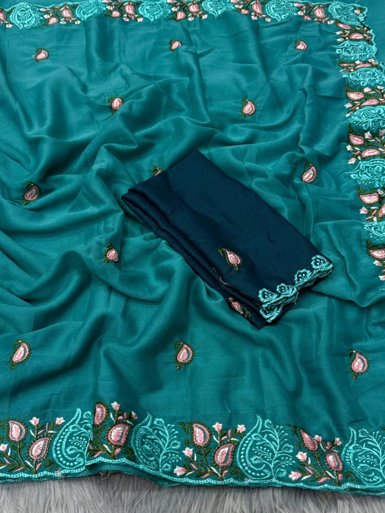 Elegant Embroidered Silk Saree with Contrast Blouse