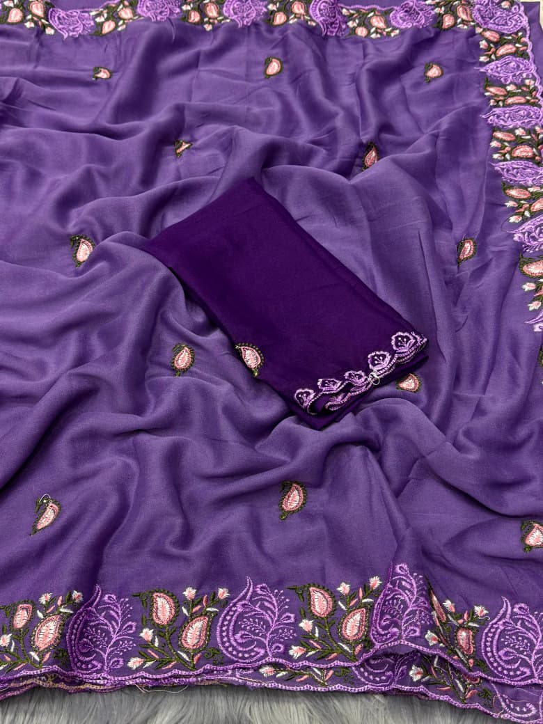 Elegant Embroidered Silk Saree with Contrast Blouse