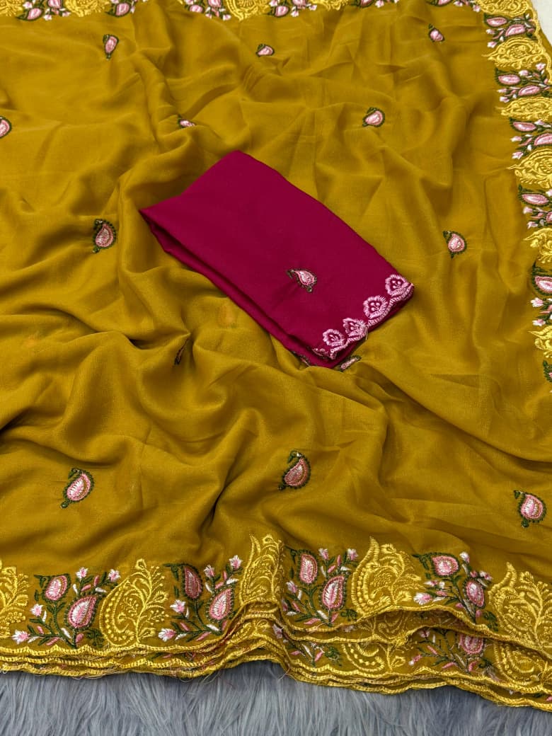 Elegant Embroidered Silk Saree with Contrast Blouse